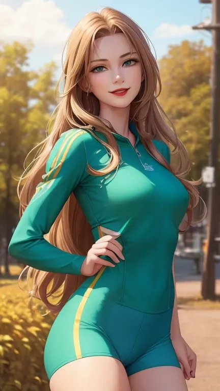 woman smiling, long hair golden brown, normal, she is solo, from alternative world ,best quality, realistic, cycling full (green blue) colors suit and cycling sports shorts, she is stand , red lipstick