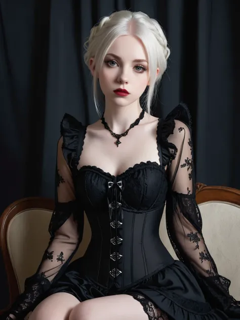 A young woman with very pale skin and long, straight, white hair is shown from the knees up. She is wearing a black, ruffled mini-skirt, black lace gloves that extend to her elbows, and a black corset-like top with thin straps.  The top is sheer, revealing...