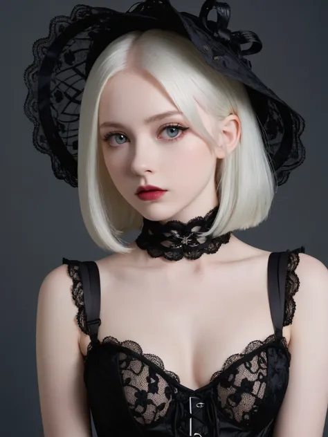 A young woman with very pale skin and long, straight, white hair is shown from the knees up. She is wearing a black, ruffled mini-skirt, black lace gloves that extend to her elbows, and a black corset-like top with thin straps.  The top is sheer, revealing...