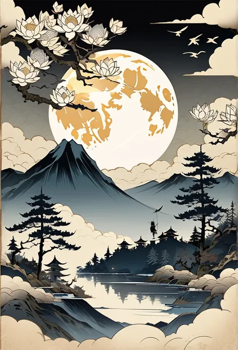  ukiyo-e、日本のgod話,     inspired by India, Ink painting, lotus, Chinese painting style,    Above the Clouds、     amazing、god々Shine、 gold,    big moon with samurai sword 、 Rugged Mountain々、Flying Cranes  、Pine Forest 、hanging scroll、