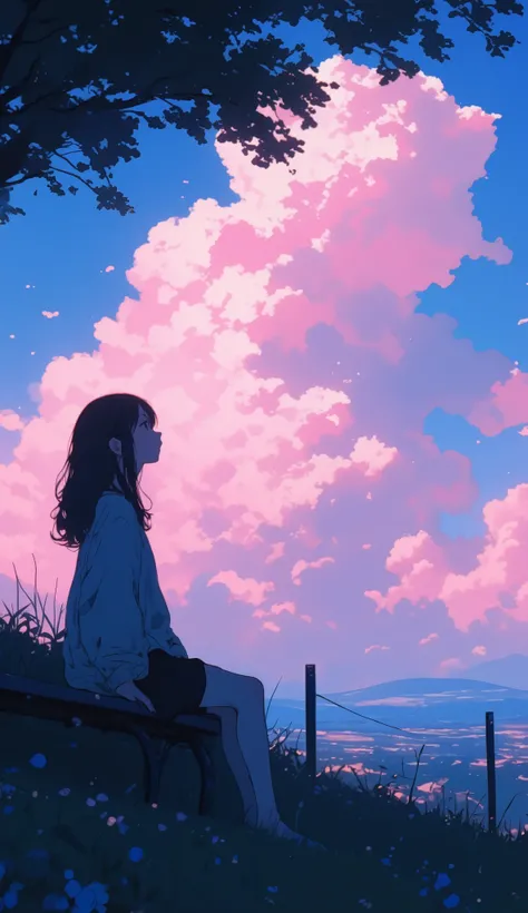 a melancholic anime scene, long hair woman sitting in a bench right under a tree silhouette gazing at giant pink cumulus clouds resembling cotton candy, dark green grassy foreground with small flowers, black fence, distant hills, serene atmosphere, trendin...