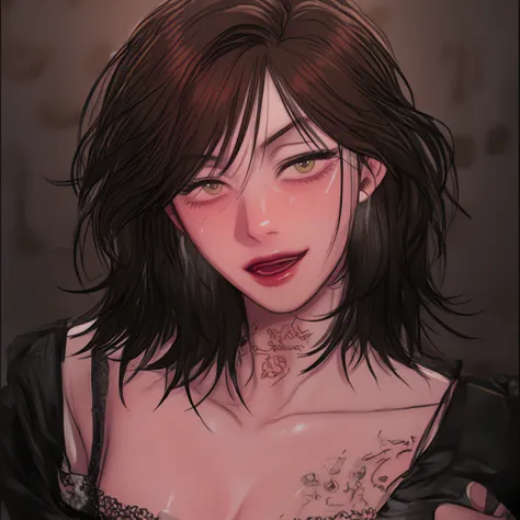 1 woman, has short shoulder length layered black hair, has long bangs swept to the side, wears a black blouse, has lots of skulls tattoo on her neck, has tattoos on her arms, dark red glossy lips, detailed green eyes, shiny skin, smiling  