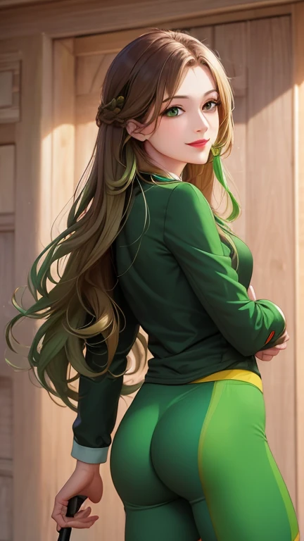 woman smiling, long hair golden brown, normal, she is solo, from alternative world ,best quality, realistic, cycling full (green black) colors suit and cycling sports shorts, she is stand , red lipstick