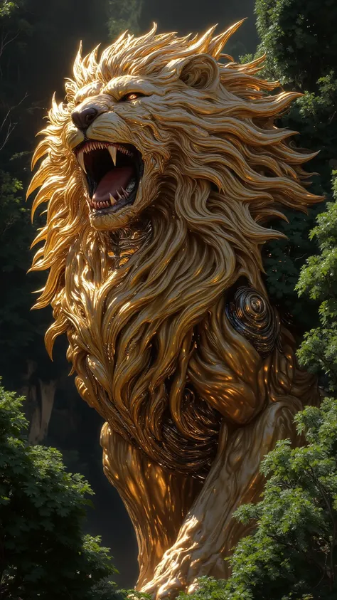  Professionally crafted illustration of a majestic golden lion ,在生氣勃勃的天空下勇敢地Roar, Surrounded by lush green trees ,Realistic,Spectacular ,Fantastic atmosphere, Radiant sunlight , ( Sharply detailed fur texture :1.3), ( Real fur color , Golden shimmering coa...