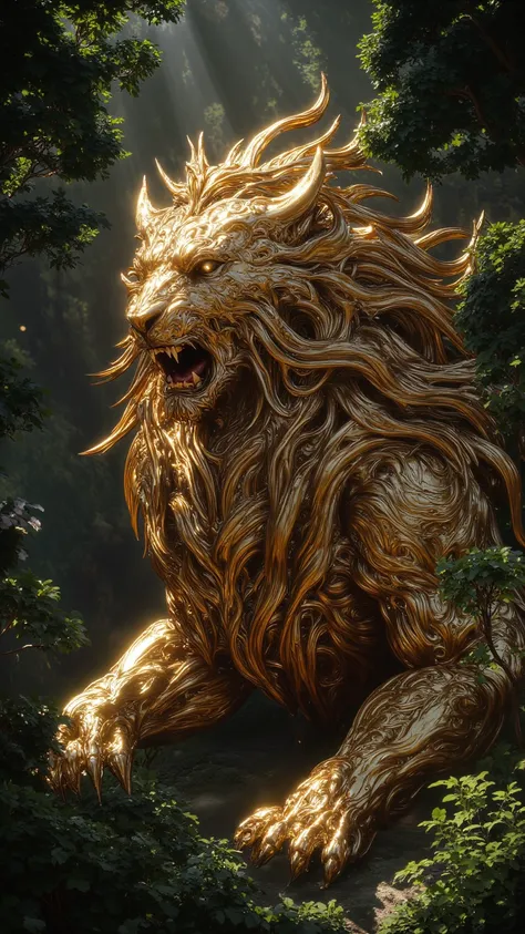  Professionally crafted illustration of a majestic golden lion ,在生氣勃勃的天空下勇敢地Roar, Surrounded by lush green trees ,Realistic,Spectacular ,Fantastic atmosphere, Radiant sunlight , ( Sharply detailed fur texture :1.3), ( Real fur color , Golden shimmering coa...