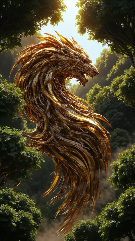  Professionally crafted illustration of a majestic golden lion ,在生氣勃勃的天空下勇敢地Roar, Surrounded by lush green trees ,Realistic,Spectacular ,Fantastic atmosphere, Radiant sunlight , ( Sharply detailed fur texture :1.3), ( Real fur color , Golden shimmering coa...