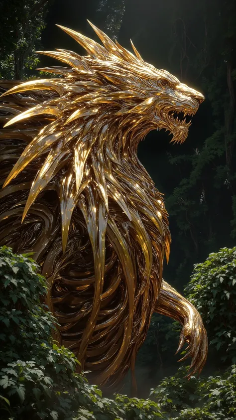  Professionally crafted illustration of a majestic golden lion ,在生氣勃勃的天空下勇敢地Roar, Surrounded by lush green trees ,Realistic,Spectacular ,Fantastic atmosphere, Radiant sunlight , ( Sharply detailed fur texture :1.3), ( Real fur color , Golden shimmering coa...