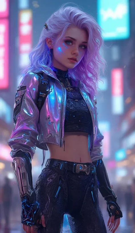 Create a futuristic cyberpunk-inspired female character with a mix of vibrant and natural aesthetics. She has large, expressive violet eyes, a delicate nose, and a confident smile. Her pastel purple and blue hair cascades in voluminous waves.

A thin, ligh...