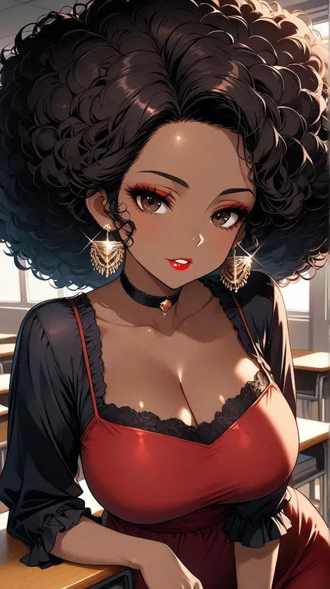 1Woman, Mature, Adult, Ebony, African American, Dark Tone Skin, Jet-Black Afro, Big Curly Afro, Forehead, Dark Brown Eyes, White Nails, Red Lipstick, Dark Brown Eye Shadow, Big Chest, Red dress, Black Blouse, Black Choker, Looking At Viewer, Bored, Light S...