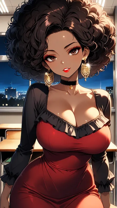 1Woman, Mature, Adult, Ebony, African American, Dark Tone Skin, Jet-Black Afro, Big Curly Afro, Forehead, Dark Brown Eyes, White Nails, Red Lipstick, Dark Brown Eye Shadow, Big Chest, Red dress, Black Blouse, Black Choker, Looking At Viewer, Bored, Light S...