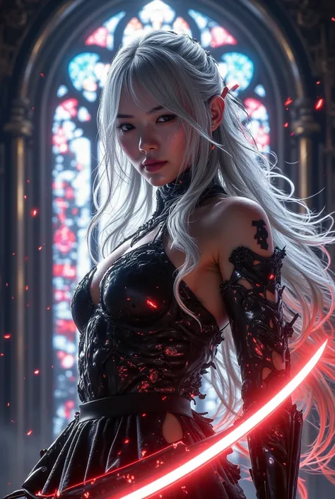 Asian Face　 very sweaty crotch 　 beautiful white and red gradient long hair　 Faces of Korean Idols 　 beautiful church stained glass　　Small chest　 Final Fantasy world 　 Female Warrior　Neon colored holy sword 