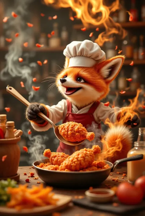 {{A ((playful and dynamic)) depiction of {((a mischievous fox chef tossing spicy fried chicken into the air with a fiery burst of flavor:1.4))}}} with {((a mid-action pose, exaggerated cartoonish expressions, and fluffy fur slightly ruffled from the heat))...