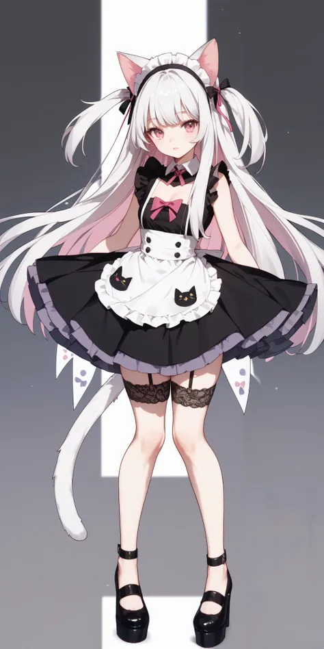 Cat ears、 maid outfit、Gray Hair、 Half Twin、 PINK MESH