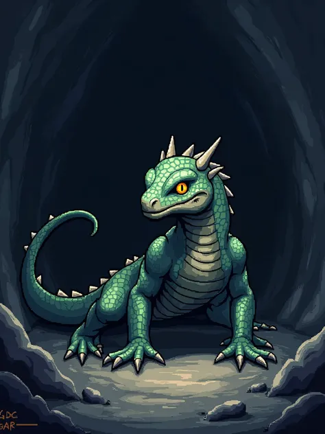 2d pixelated skecth, for the game, front side and back, RPG maker vx ace, A draconic lizard that inhabits the shadows of caves, with glowing eyes that pierce the darkness. Silent and agile, it stalks its prey before quickly attacking with sharp claws.