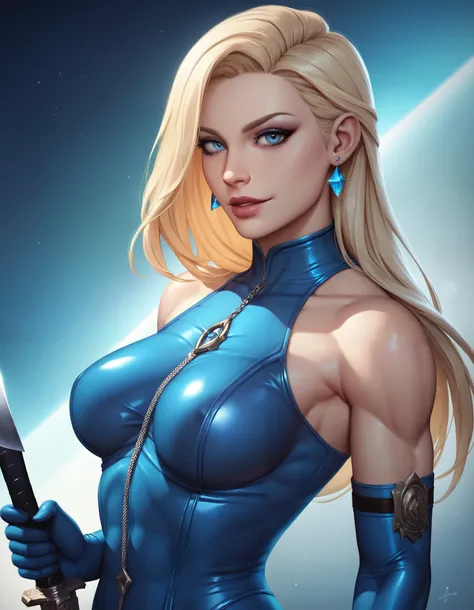 female blue sleeveless latex bodysuit, blue belt, racerback, bare shoulders, long gloves, blue gloves, toned arms, beautiful faces, blonde long hair, earrings, soft smooth skin, pale skin, night room background, blue eyes, sci-fi, high contrast, assassin, ...