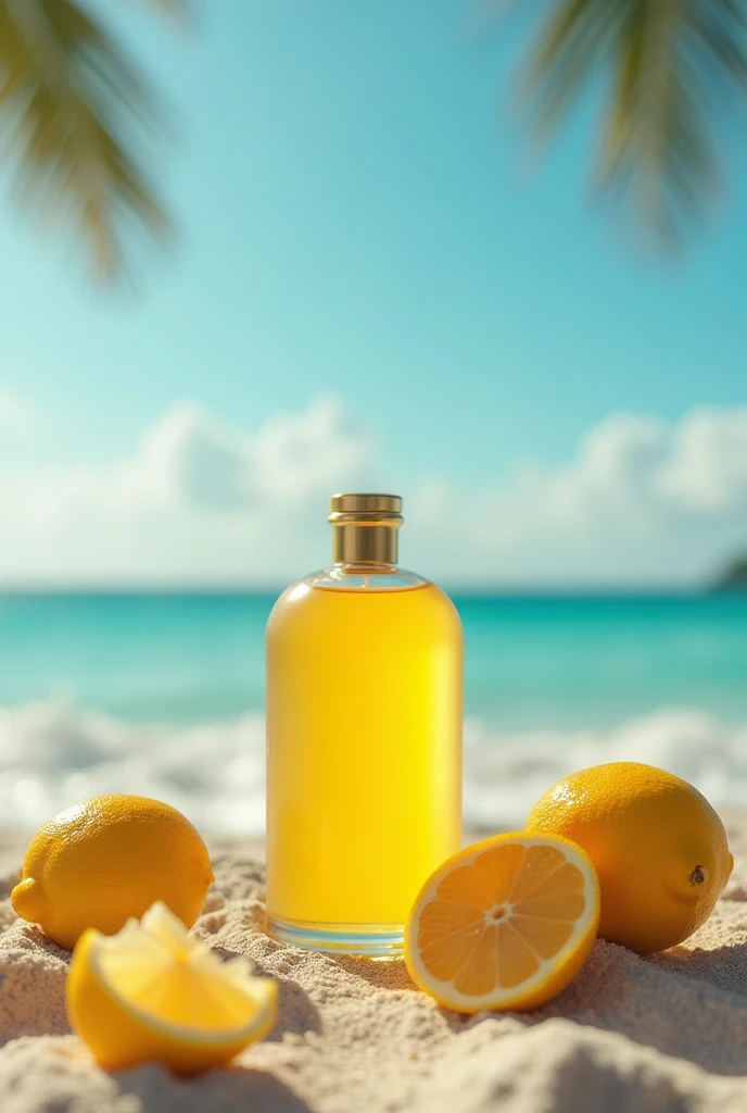  make me an image where a bottle of perfume appears on the beach in a Caribbean environment and that around it appears lemons and citrus scents, Also that the sea and a beach appear in the background , and that a person also appears