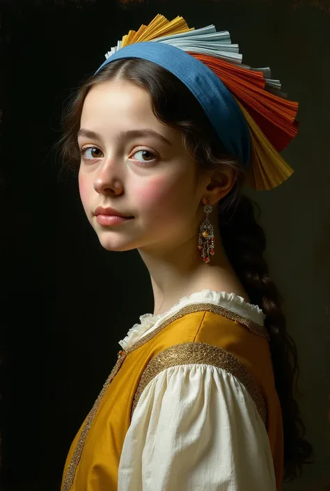 Young girl in the style of Jan Vermeer.  The girl is turned three quarters ,  Her face is illuminated with a soft ,  with scattered light ,  who emphasizes her delicate features .  She looks at the viewer with a slight mysterious smile . She wears a headdr...