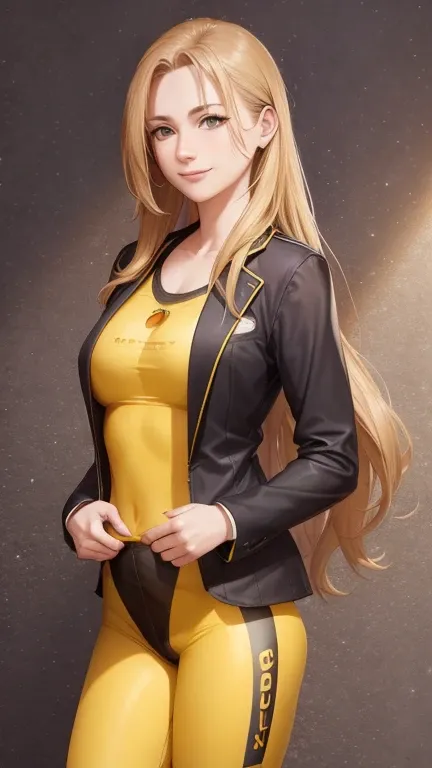 woman smiling, long hair golden brown, normal, she is solo, from alternative world ,best quality, realistic, cycling full (yellow black) colors suit and cycling black shorts, she is stand ,