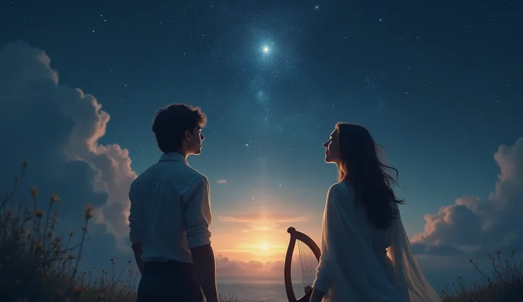 Generate an image that captures the final, emotional moment as the woman and man stand side by side, gazing at the stars ahead. Their expressions are full of determination and hope as they look to the next step in their journey. The seraph floats through s...