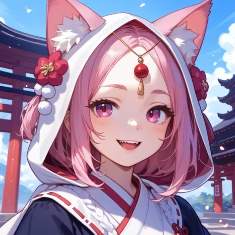  as in this image。1 girl with 、Smiling。 1 girl、 top quality、Shrine Maiden Costume、 hair that accurately depicts eyes is pink、 wearing a hood on her head 。What about food、I'm wearing it up to my forehead。The costume、white and pink 。Cat ears。