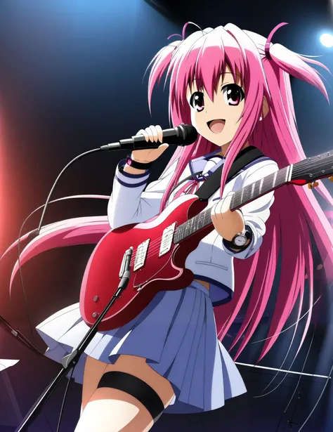  top quality, angel beats! Yui, Yui, solo,  guitar vocals,  STAND MICROPHONE,  long hair,  pink hair,  pink eye,  two side up,  school uniform,  thigh strap, smile,  Watch viewers, They are performing on the gymnasium stage