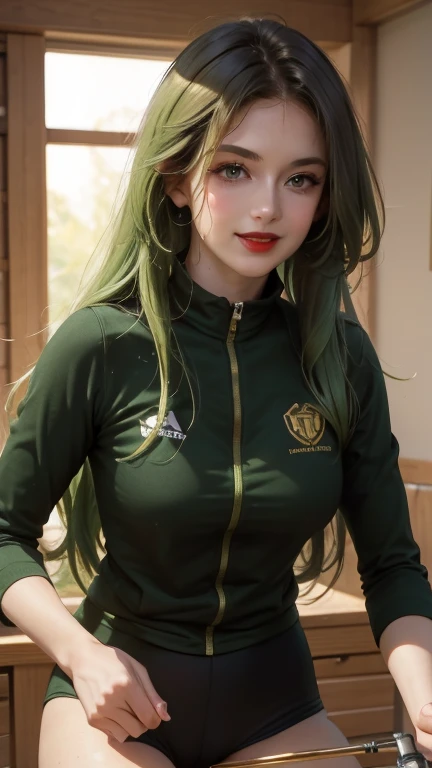 woman smiling, long hair golden brown, normal, she is solo, from alternative world ,best quality, realistic, cycling full (green black) colors suit and cycling black shorts, she is stand , red lipstick