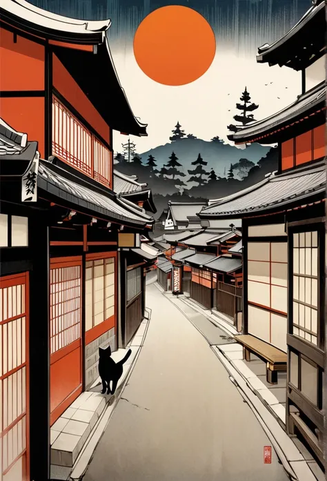  ukiyo-e、日本のgod話,     inspired by India, Ink painting, Chinese painting style,    Above the Clouds、     amazing、god々Shine、 gold,    big moon with samurai sword 、  Kyoto Streetscape、Tea House Street、 maiko is walking、Oiran、Pine Forest 、hanging scroll、Japan ...