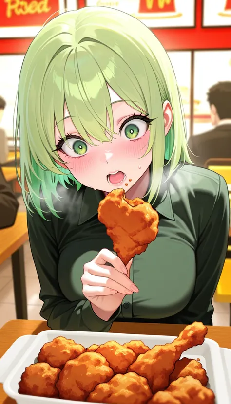 masterpiece, best quality, amazing quality, very aesthetic, newest, 1girl, green hair, green eyes, eyelashes, open mouth, surprised, blush, breath, spicy expression, swollen lips, fried chicken, eating fried chicken, spicy fried chicken, holding fried chic...