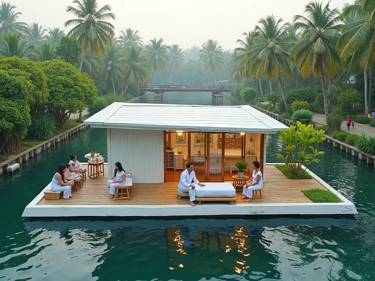 A floating Thai tradition clinic on big white raft, complete with herb garden,small park, asian coconut tree on the raft. many patient sit on stylise bench, few doctor in Thai tradition old style suit has check the patient on the bed. 