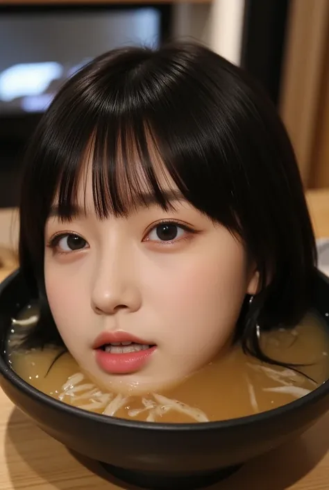 High resolution photo of a beautiful young woman's disembodied head in a bowl of piping hot miso soup on the table, realistic, masterpiece, amazing quality, intricate details, professional lighting, close-up of the head, focus on the face, dark hair with t...