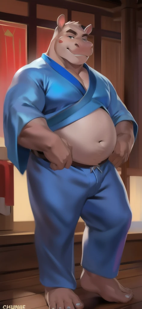  alone , Male tall , Big torso , posture, Standing , Miko Shrine, hippo ,portrait pose, blue kimono shirt blue kimono pants , Overweight ,  Muscle Bundle, Smirk, by chunie 