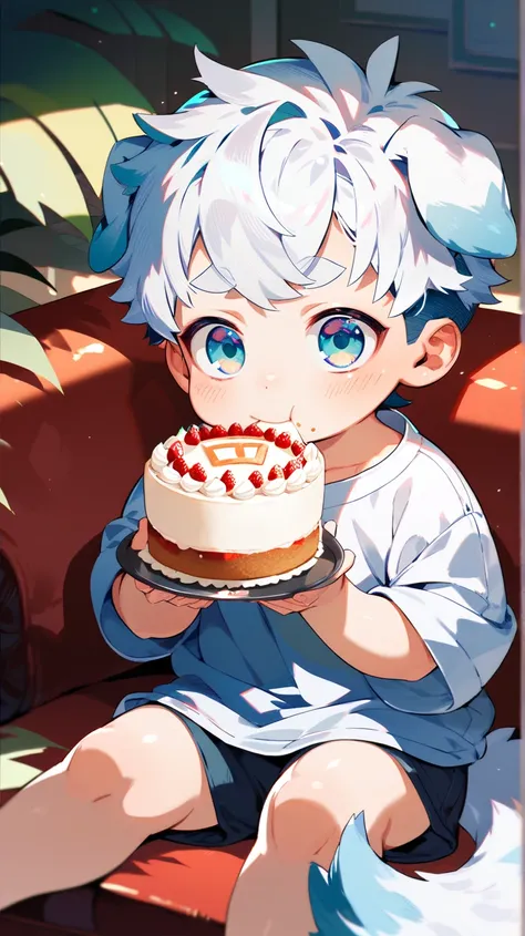 Toddler boy, dog ears, big shiny eyes, blush, bangs, oversized shirt, tail, white hair, couch, sitting, eating cake