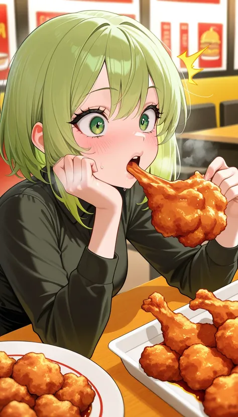 masterpiece, best quality, amazing quality, very aesthetic, newest, 1girl, green hair, green eyes, eyelashes, open mouth, surprised, blush, breath, spicy expression, swollen lips, fried chicken, spicy sauce, eating fried chicken, spicy fried chicken, holdi...