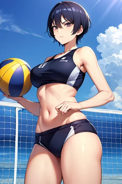   tall  　 A beautiful woman who looks like a man　 short hair　  dark blue hair　Visual Kei　 volleyball uniform 　 sports bikini　 Sports　 serious expression　Volleyball match　