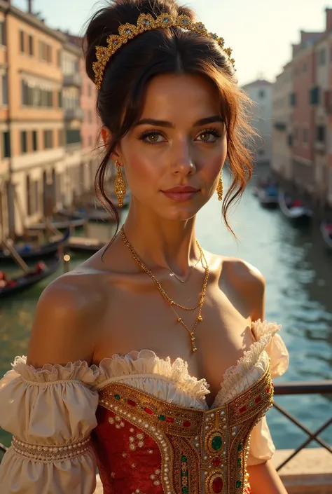 "Generate a stunning Italian woman with olive skin, high cheekbones, and deep brown eyes, wearing a luxurious Renaissance-style gown with gold brocade, intricate lace, and pearl embroidery. Her corset is adorned with red and emerald gemstones, and her hair...