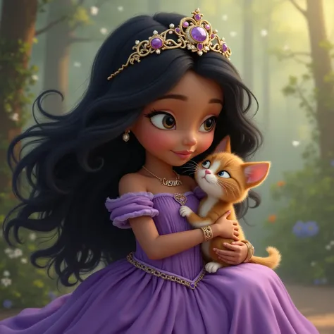   Baby princess with one cat in her shoulder has a necklace that name casandra, black hair,purple dress, realism