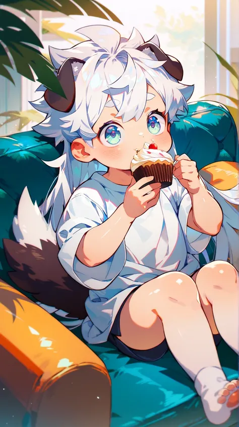 Toddler boy, dog ears, big shiny eyes, blush, bangs, long hair, oversized shirt, tail, white hair, couch, sitting, eating cupcake