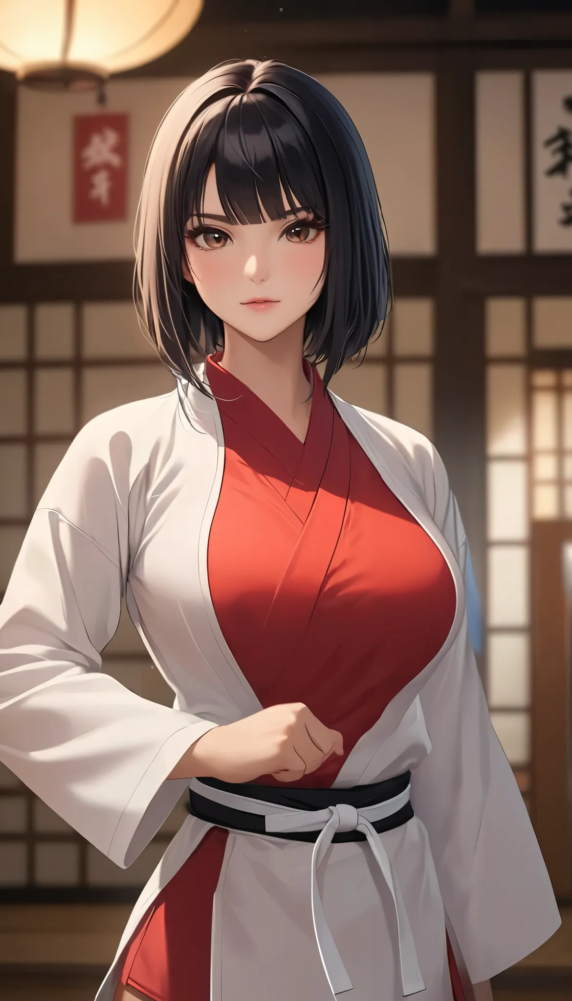 （（ Big Breasts))、(((  Open Front Shirt))、(((Empty-handed)))、(    black hair)、(blunt bangs)、(  short hair)、(  wet hair)、(Viera Women's Karate  )、((  sweaty ))、(  growing skin )、((Serious))、((  blanking))、(((Karate Dojo)))、((Graceful Paintings  ))，(  Masterp...