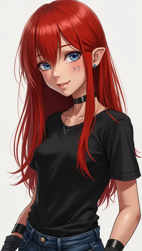  1 girl,, with long red hair with bangs cut off on the sides, Smile,fangs, blue eyes, 6 ear piercings in the form of an earring ,Her ears are pierced in three places . 2-3 size , slim build, she is wearing a black t-shirt with black wristbands ,blue jeans,...