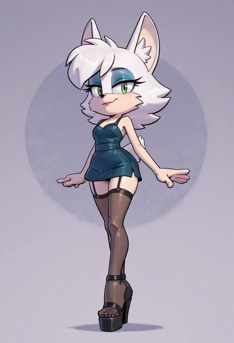 ,Fiona The Fox, makeup, green eyes, bat ears, white hair, blue eyeshadow,short skirt, miniskirt, stockings, high platform heels, sexy legs, firm legs