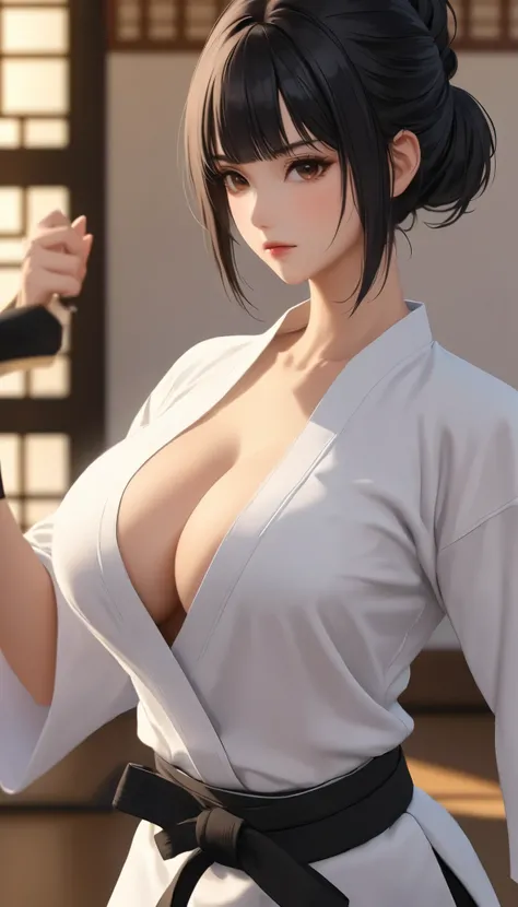 （（ Big Breasts))、(((  Open Front Shirt))、(((Empty-handed)))、(    black hair)、(blunt bangs)、(  short hair)、(  wet hair)、(Viera Women's Karate  )、((  sweaty ))、(  growing skin )、((Serious))、((  blanking))、(((Karate Dojo)))、((Graceful Paintings  ))，(  Masterp...