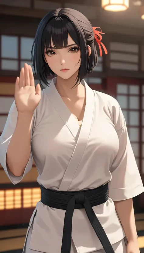 （（ Big Breasts))、(((  Front Open Shirt))、(((Empty-handed)))、(    black hair)、(blunt bangs)、(  short hair)、(  wet hair)、(Viera Women's Karate  )、((  sweaty ))、(  growing skin )、((Serious))、((  blanking))、(((Karate Dojo)))、((Graceful Paintings  ))，(  Masterp...