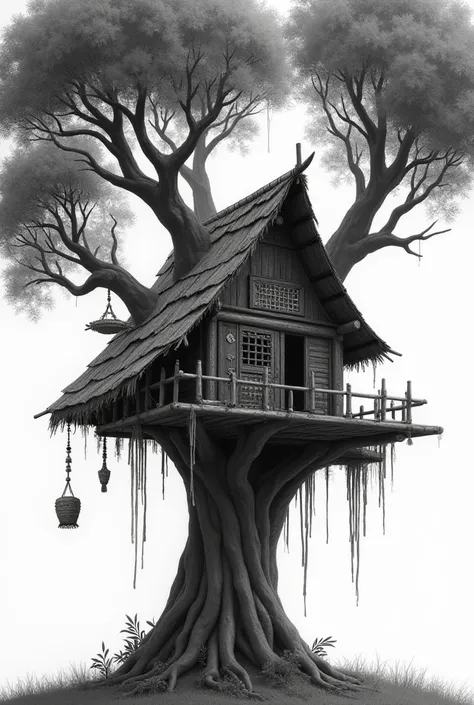 Create a tribal treehouse with traditional setting. Only black and white with no background 