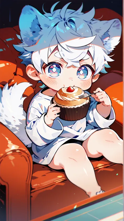 Toddler boy, dog ears, big shiny eyes, blush, bangs, messy hair, oversized shirt, tail, white hair, couch, sitting, eating cupcake