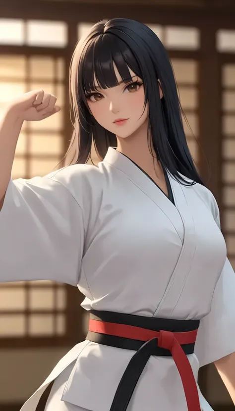 （（ Big Breasts))、(((  Front Open Shirt))、(((Empty-handed)))、(    black hair)、(blunt bangs)、(  short hair)、(  wet hair)、(Viera Women's Karate  )、((  sweaty ))、(  growing skin )、((Serious))、((  blanking))、(((Karate Dojo)))、((Graceful Paintings  ))，(  Masterp...