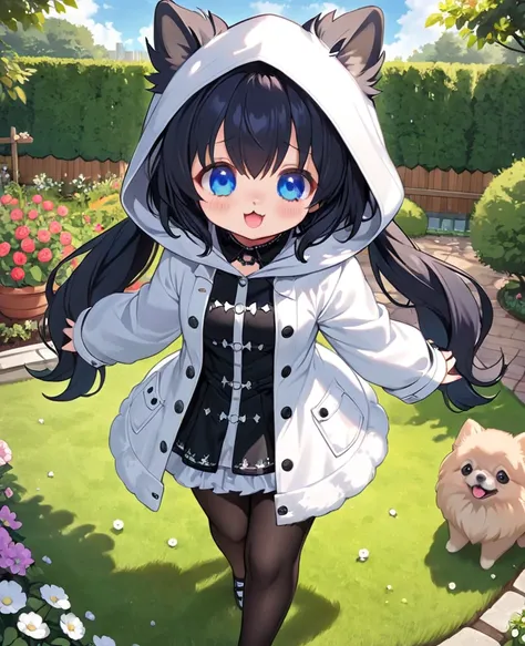  top quality, cute, girl, twin tails , blue eyes, loli,Big Breasts,cute Pomeranian,garden,Play outside,white Gothic hood coat,She's wearing tights,