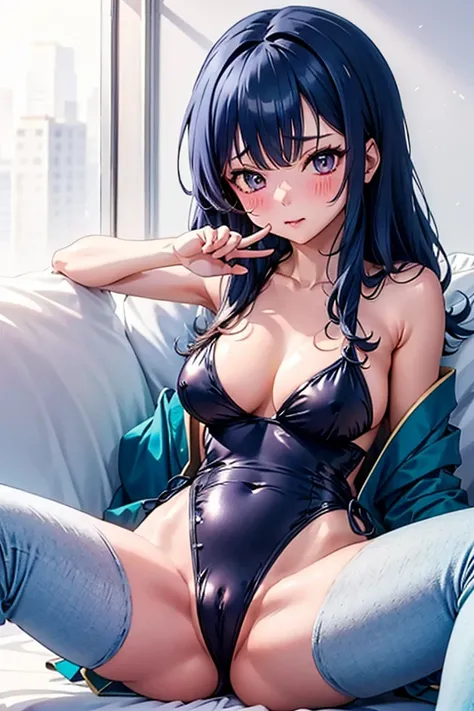 purple ＳＦ leotard、Anime style image of a woman wearing a kimono,   dark blue hair,  purple eyes,  embarrassed look , ((blush)),  watching viewers , ((amount))、seductive  Anime Girl,  a very detailed term,  Beautiful and Attractive Anime , attractive  Anime...