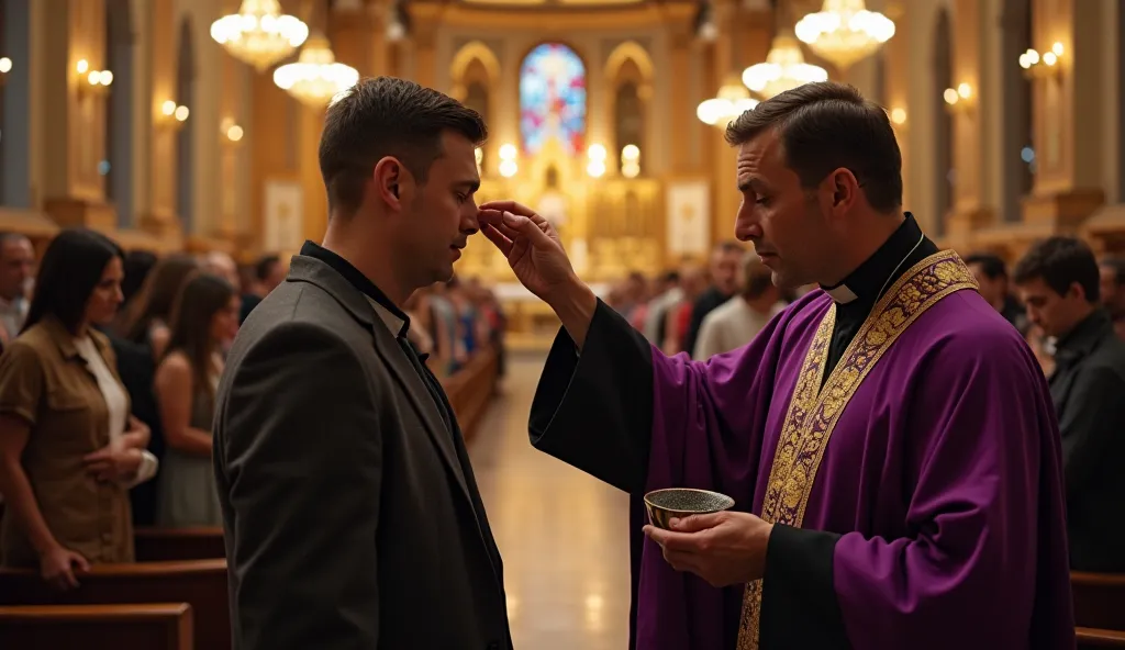 A highly detailed, ultra-realistic 8K cinematic photograph capturing a sacred Ash Wednesday moment inside a grand, beautifully decorated church. The church interior glows with warm golden lighting from chandeliers, while intricate stained-glass windows cas...