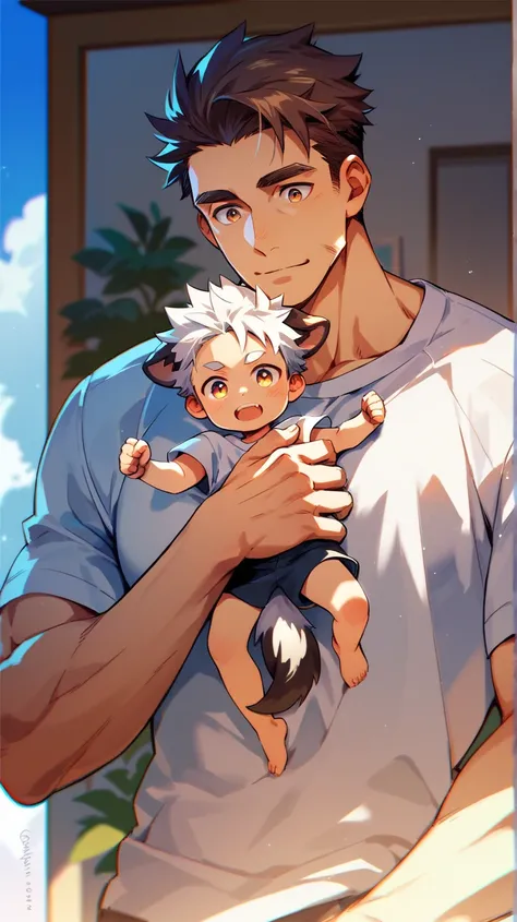 Father holding son. Young, muscular man with brown hair, holding  with white hair, dog ears, and tail, wearing oversized t-shirt