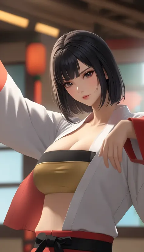 （（ Viera Girls with Big Breasts ))、(((  Front Open Shirt))、(((Empty-handed)))、(    black hair)、(blunt bangs)、(  short hair)、(  wet hair)、( Viera Women Karate )、((  sweaty ))、(  growing skin )、((Serious))、((  blanking))、(((Karate Dojo)))、((Graceful Painting...